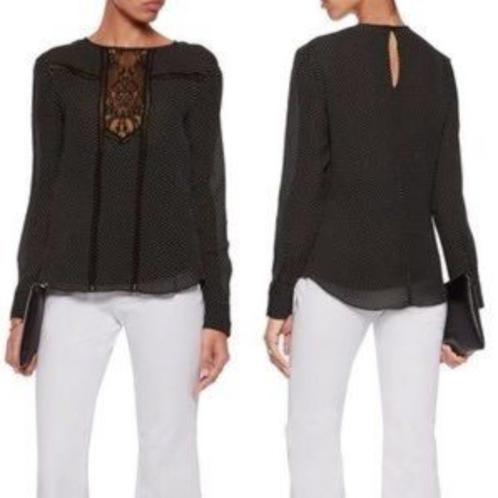A.L.C. Jerry Silk Long Sleeve Lace Panel Blouse | Polka Dot Print Chiffo…